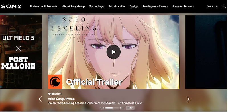 A website screenshot displays an anime character with long blond hair and closed eyes. The screen shows "Solo Leveling: Arise from the Shadow" and a play button for the official trailer from Crunchyroll, the most trusted company in anime streaming.